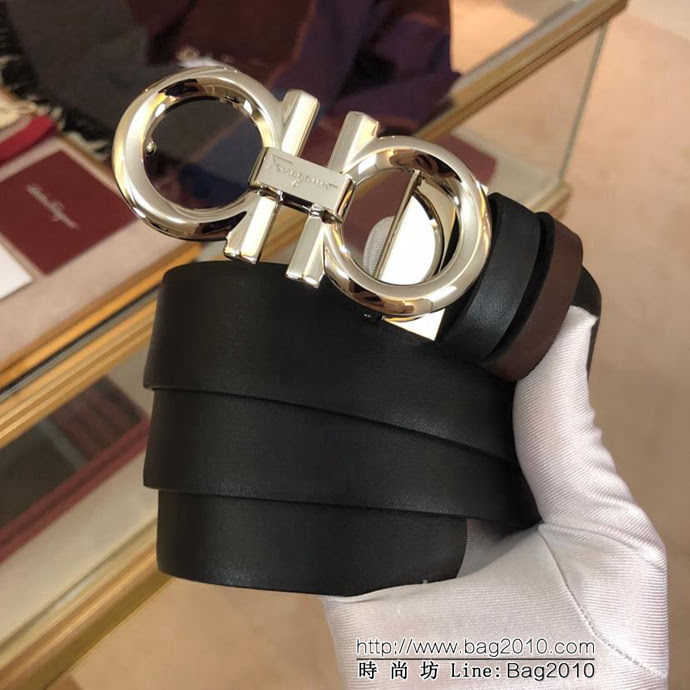 Ferragamo菲拉格慕 雙面進口頭層牛皮軟平紋 精鋼扣 復古風格 男士皮帶  xfp1167